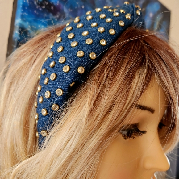 LELE SADOUGHI Dark Indigo Blue Jean Rhinestones Glitz Top Knot Denim Headband OS - Picture 8 of 8